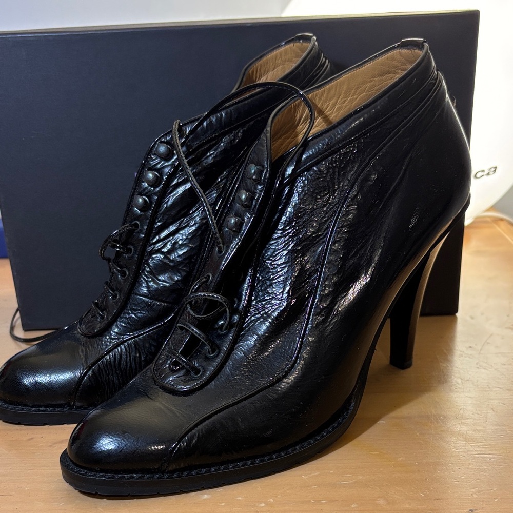 Escada Black Leather Lace-Up Heeled Boots